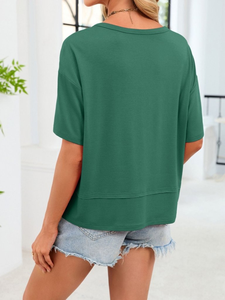 V - Neck Relaxed Fit Solid Color T-Shirt - Dark Green by Trendsi from FREYA’S CLOSET
