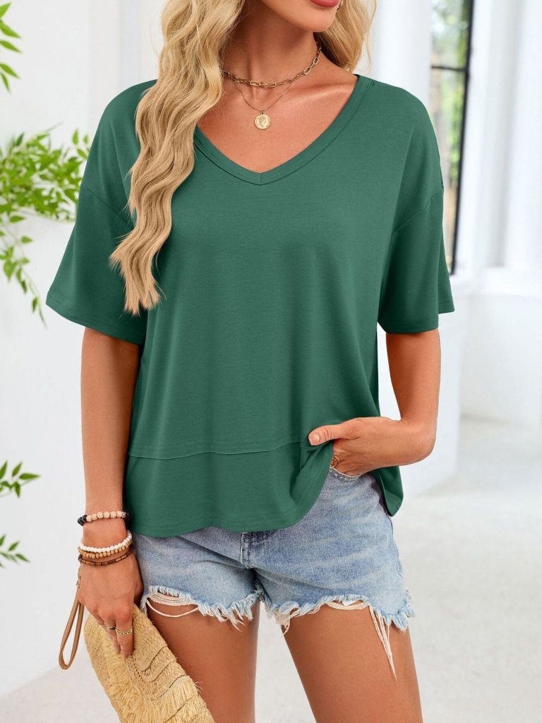 V - Neck Relaxed Fit Solid Color T-Shirt - Dark Green by Trendsi from FREYA’S CLOSET