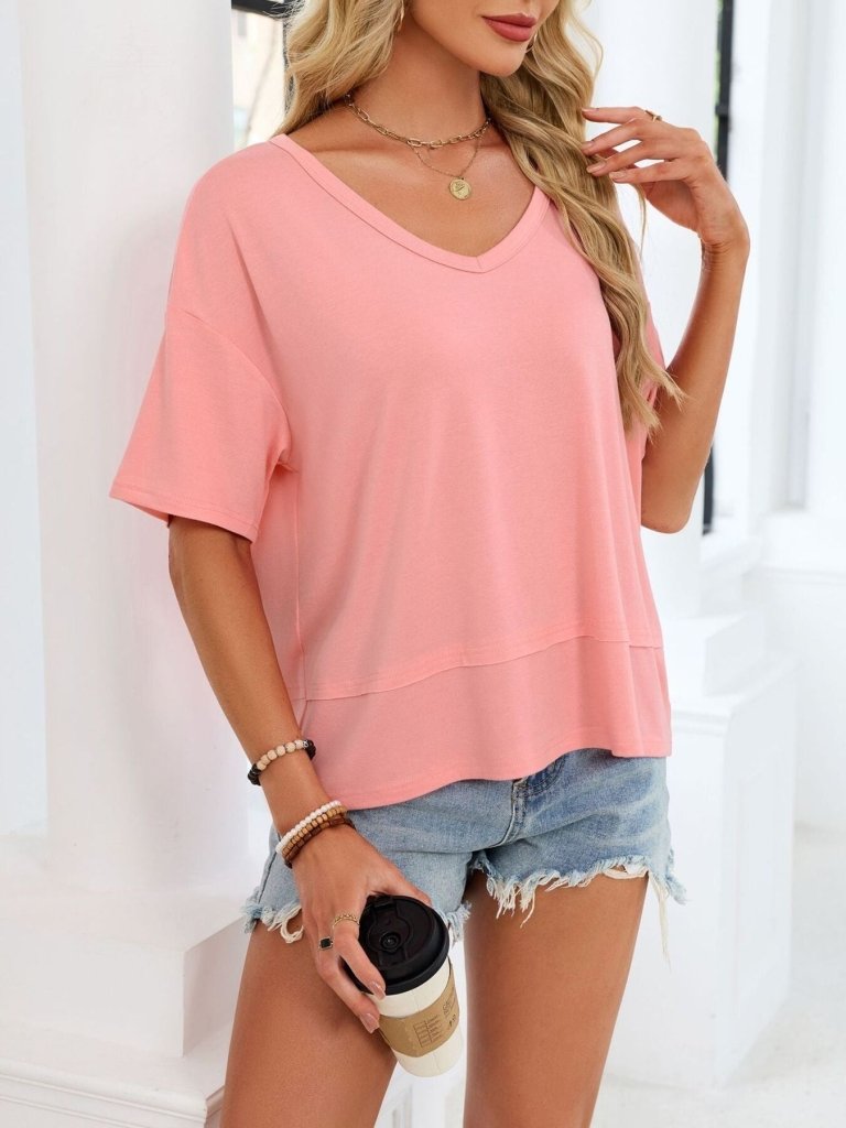 V - Neck Relaxed Fit Solid Color T-Shirt - Pink by Trendsi from FREYA’S CLOSET