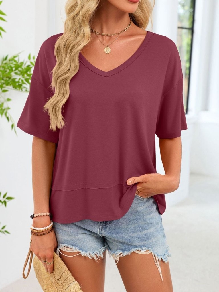 V - Neck Relaxed Fit Solid Color T-Shirt - Wine Red by Trendsi from FREYA’S CLOSET