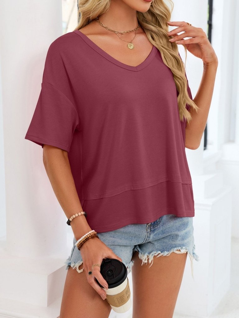 V - Neck Relaxed Fit Solid Color T-Shirt - Wine Red by Trendsi from FREYA’S CLOSET