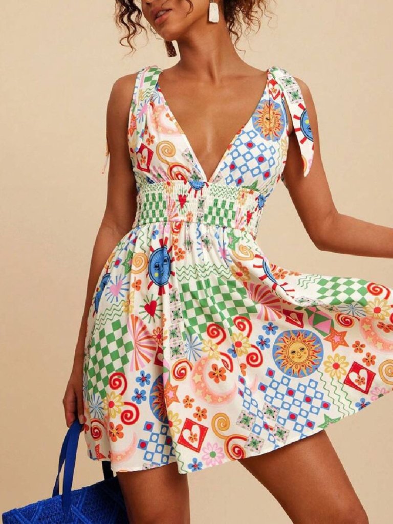 V - Neck Sleeveless Smocked Waist Printed Mini Dress - Multicolor by Trendsi from FREYA’S CLOSET