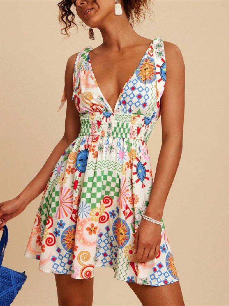 V - Neck Sleeveless Smocked Waist Printed Mini Dress - Multicolor by Trendsi from FREYA’S CLOSET