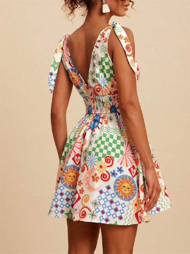 V - Neck Sleeveless Smocked Waist Printed Mini Dress - Multicolor by Trendsi from FREYA’S CLOSET