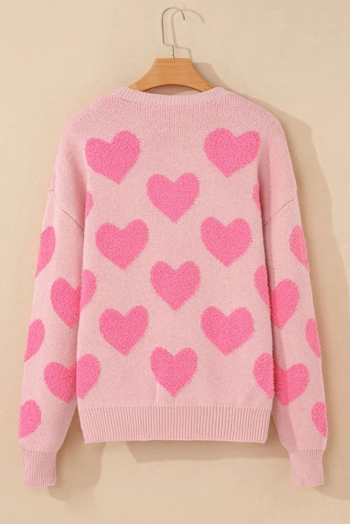 Valentine's Day Heart Jacquard Round Neck Sweater - Blush Pink by Trendsi from FREYA’S CLOSET