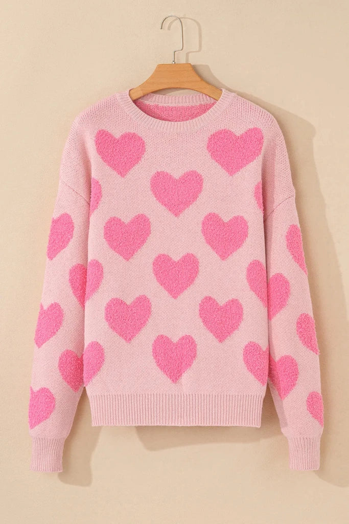 Valentine's Day Heart Jacquard Round Neck Sweater - Blush Pink by Trendsi from FREYA’S CLOSET