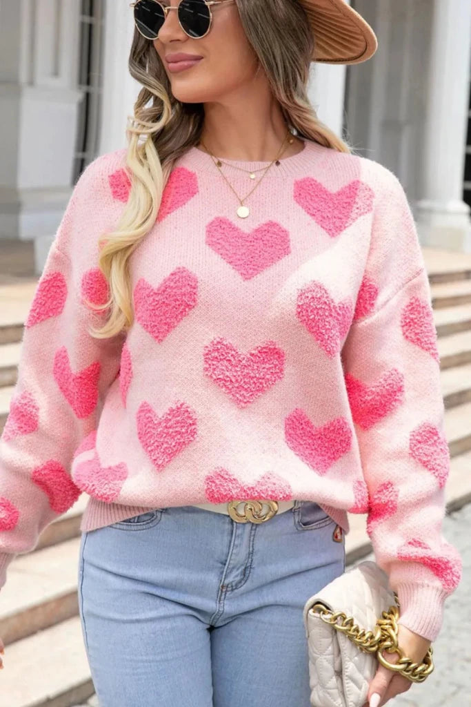 Valentine's Day Heart Jacquard Round Neck Sweater - Blush Pink by Trendsi from FREYA’S CLOSET