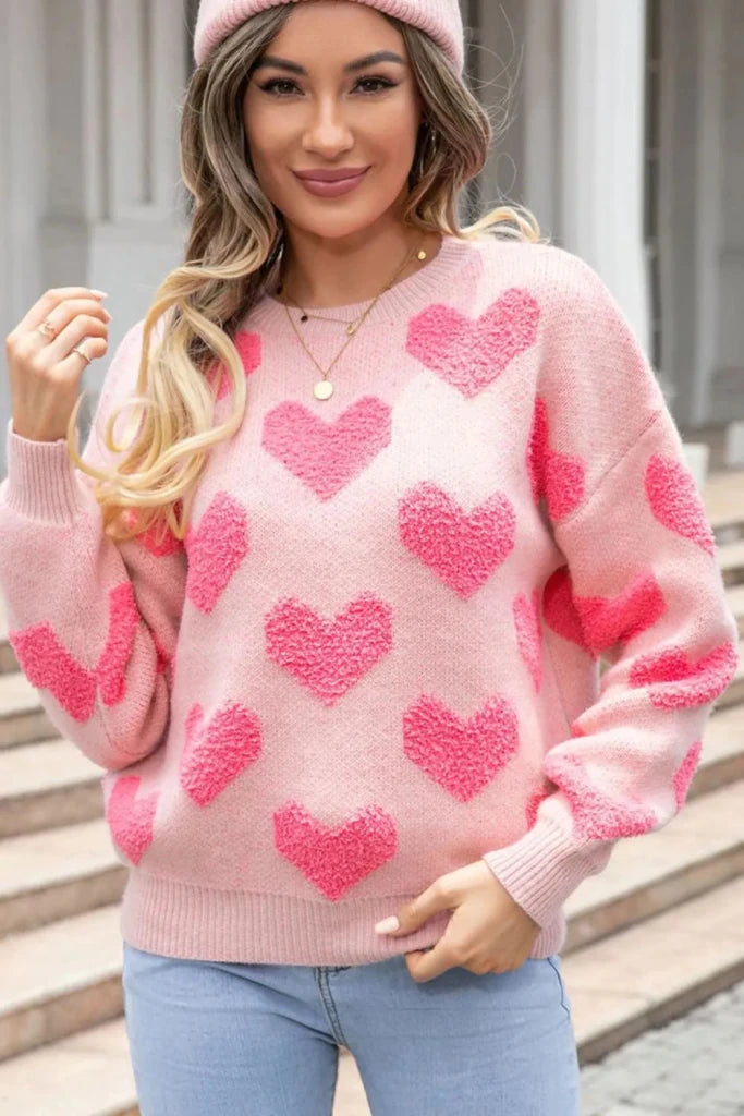 Valentine's Day Heart Jacquard Round Neck Sweater - Blush Pink by Trendsi from FREYA’S CLOSET