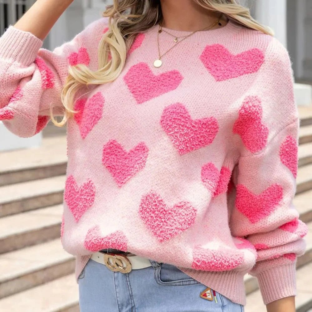 Valentine's Day Heart Jacquard Round Neck Sweater - Blush Pink by Trendsi from FREYA’S CLOSET
