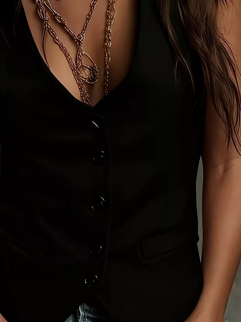 Velvet Button - Down Vest Coat - Black by Trendsi from FREYA’S CLOSET