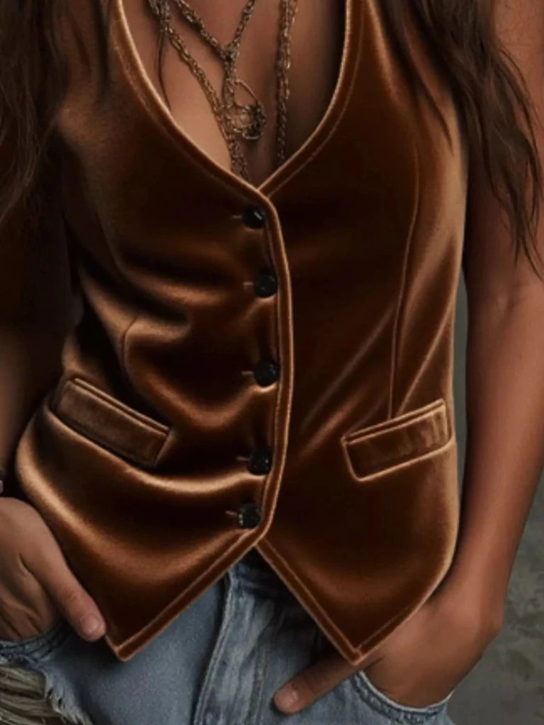 Velvet Button - Down Vest Coat - Brown by Trendsi from FREYA’S CLOSET