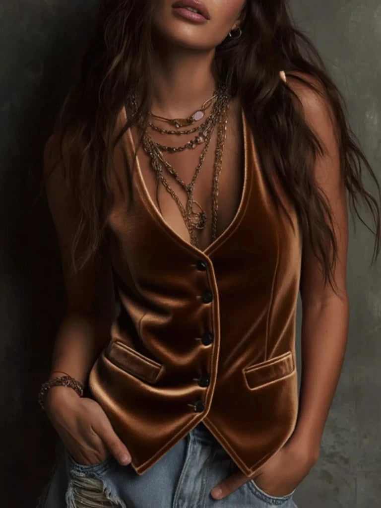 Velvet Button - Down Vest Coat - Brown by Trendsi from FREYA’S CLOSET