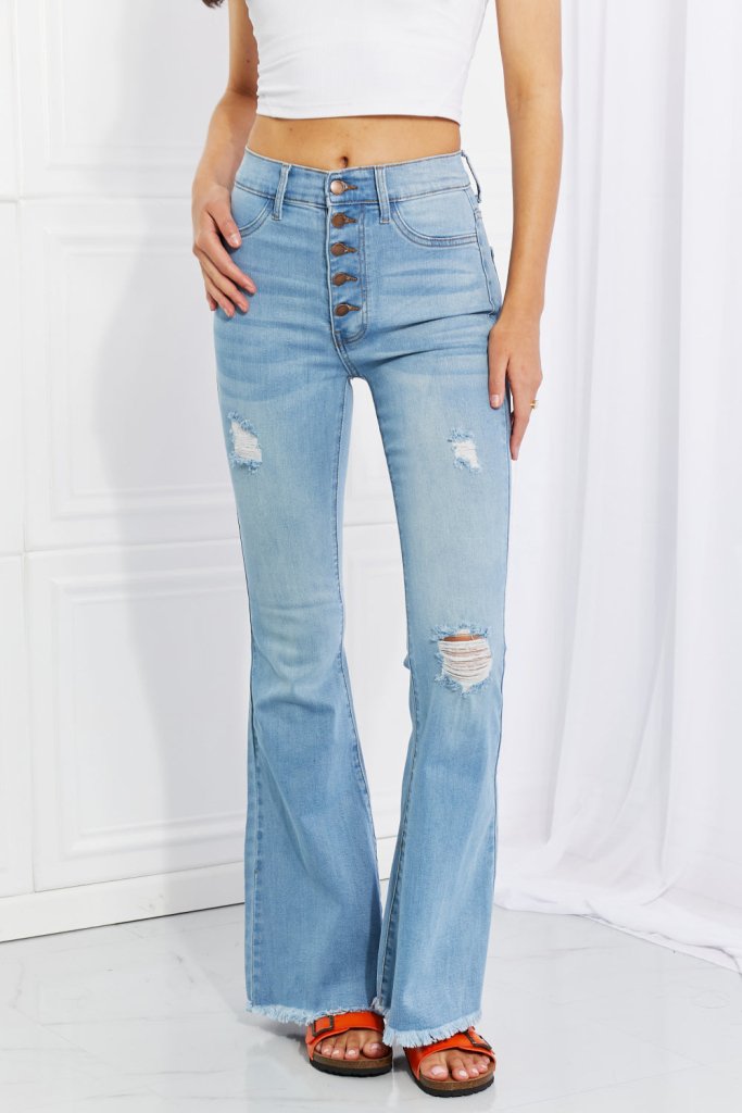 Vibrant MIU Full Size Jess Button Flare Jeans - Light by Trendsi from FREYA’S CLOSET