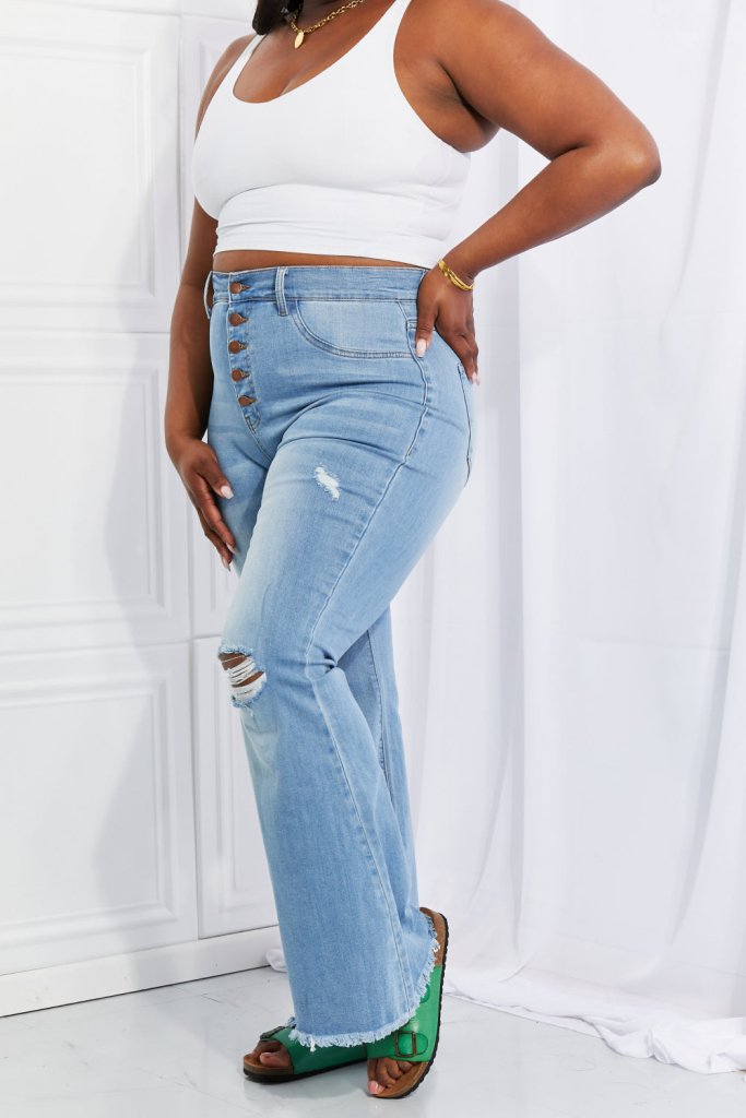 Vibrant MIU Full Size Jess Button Flare Jeans - Light by Trendsi from FREYA’S CLOSET
