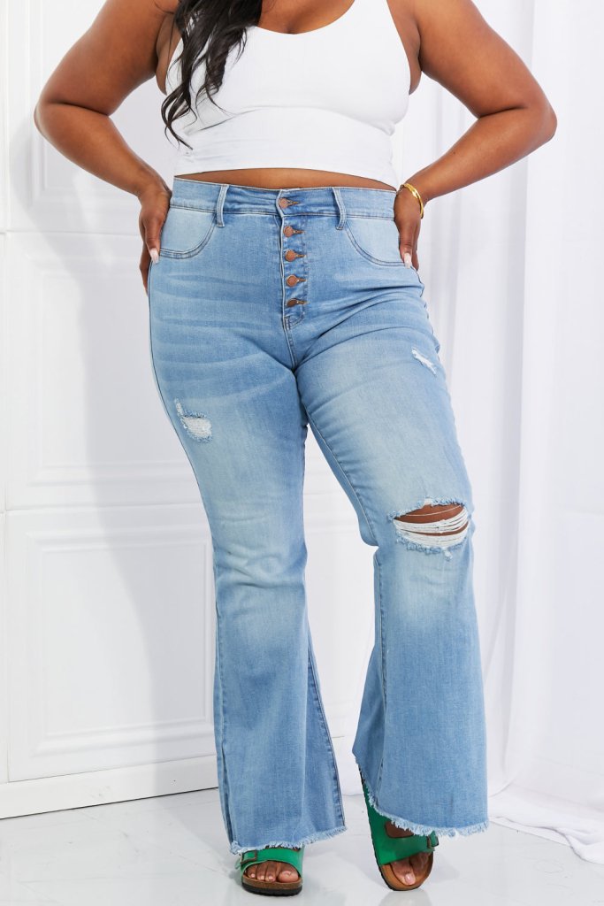 Vibrant MIU Full Size Jess Button Flare Jeans - Light by Trendsi from FREYA’S CLOSET