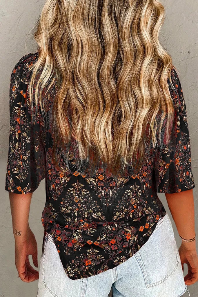 Vintage Floral Print Button - Down Shirt - Black by Trendsi from FREYA’S CLOSET