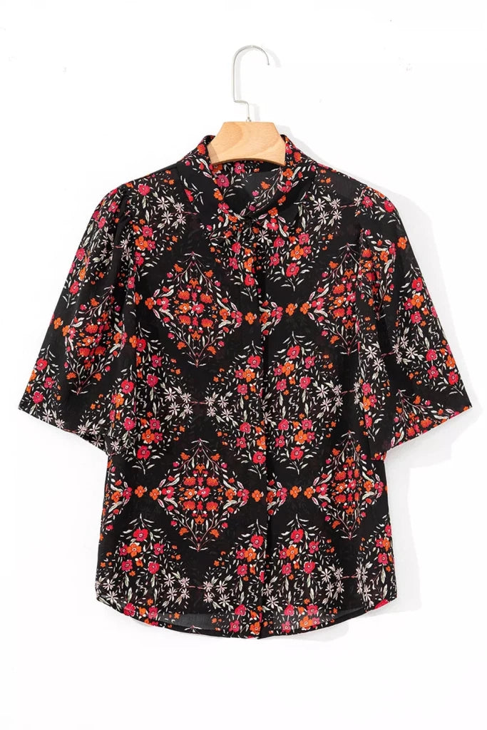 Vintage Floral Print Button - Down Shirt - Black by Trendsi from FREYA’S CLOSET