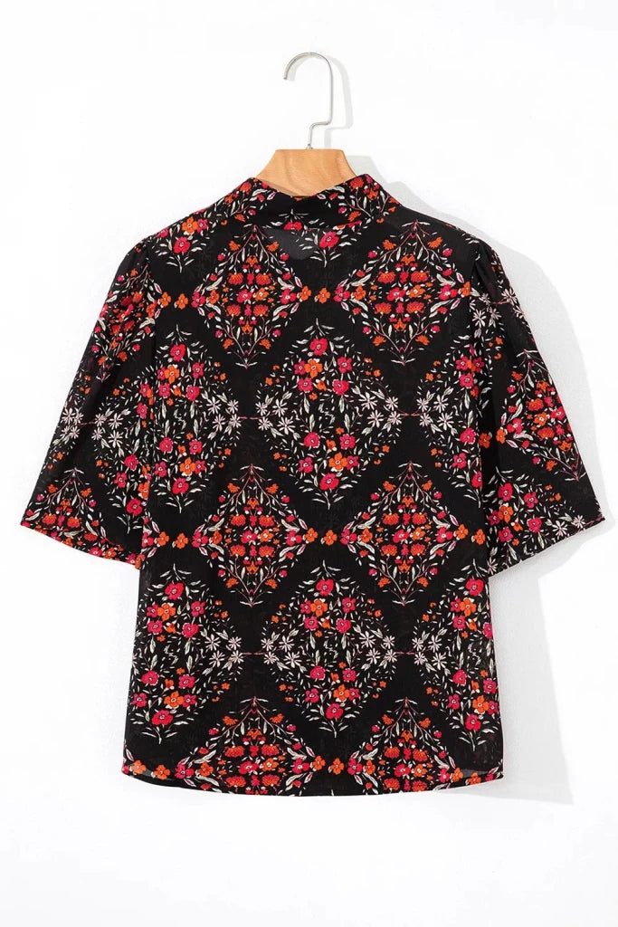 Vintage Floral Print Button - Down Shirt - Black by Trendsi from FREYA’S CLOSET