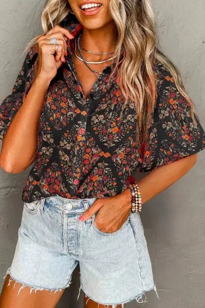 Vintage Floral Print Button - Down Shirt - Black by Trendsi from FREYA’S CLOSET