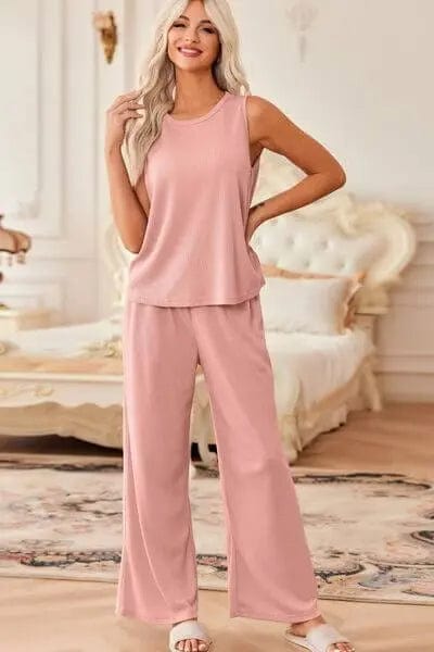 Trendsi Jumpsuits Waffle-Knit Round Neck Tank and Pants Set