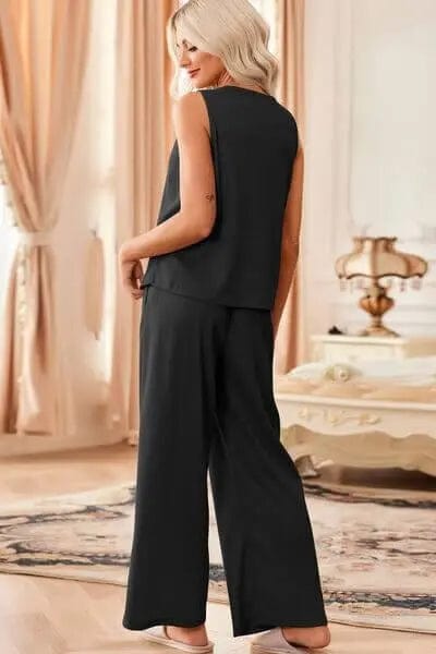 Waffle - Knit Round Neck Tank and Pants Set - Black by Trendsi from FREYA’S CLOSET
