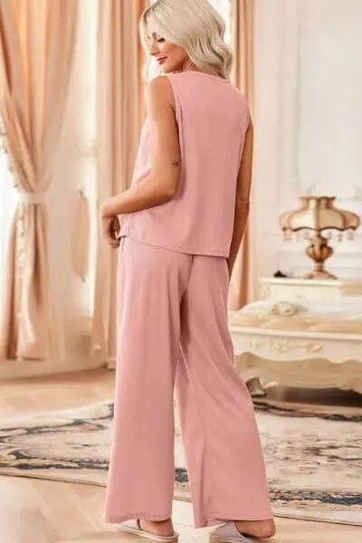 Waffle - Knit Round Neck Tank and Pants Set - Blush Pink by Trendsi from FREYA’S CLOSET