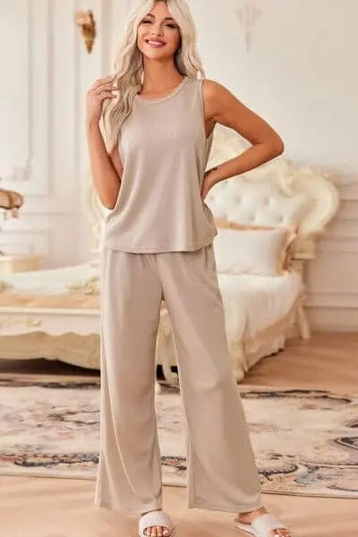 Waffle - Knit Round Neck Tank and Pants Set - Dust Storm by Trendsi from FREYA’S CLOSET