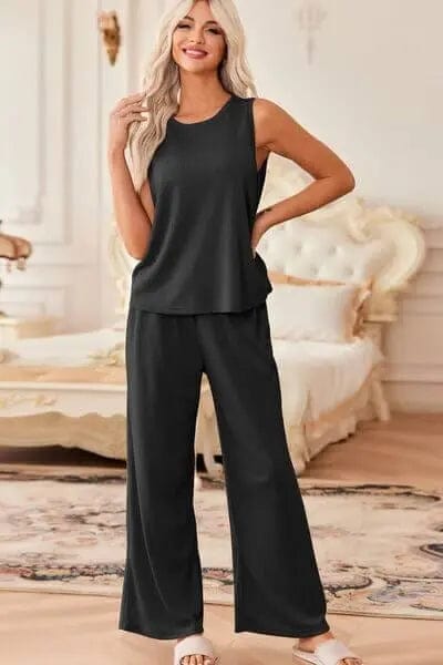Waffle - Knit Round Neck Tank and Pants Set - Black by Trendsi from FREYA’S CLOSET
