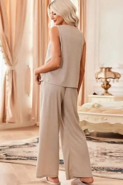 Waffle - Knit Round Neck Tank and Pants Set - Dust Storm by Trendsi from FREYA’S CLOSET