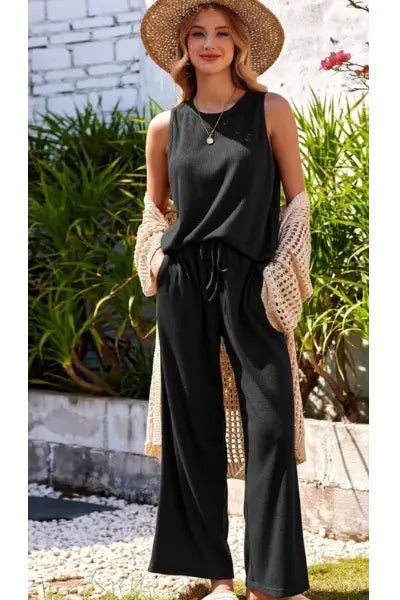 Waffle - Knit Round Neck Tank and Pants Set - Dust Storm by Trendsi from FREYA’S CLOSET