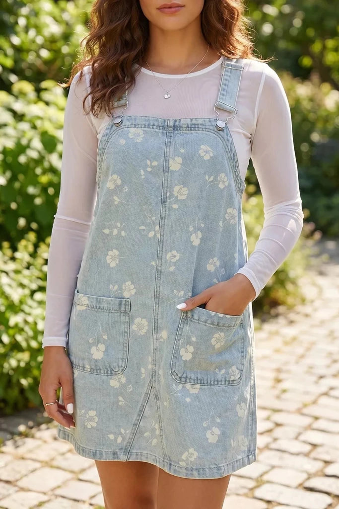 Washed denim floral print overall mini dress