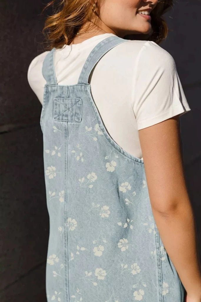 Washed denim floral print overall mini dress, alternate product image