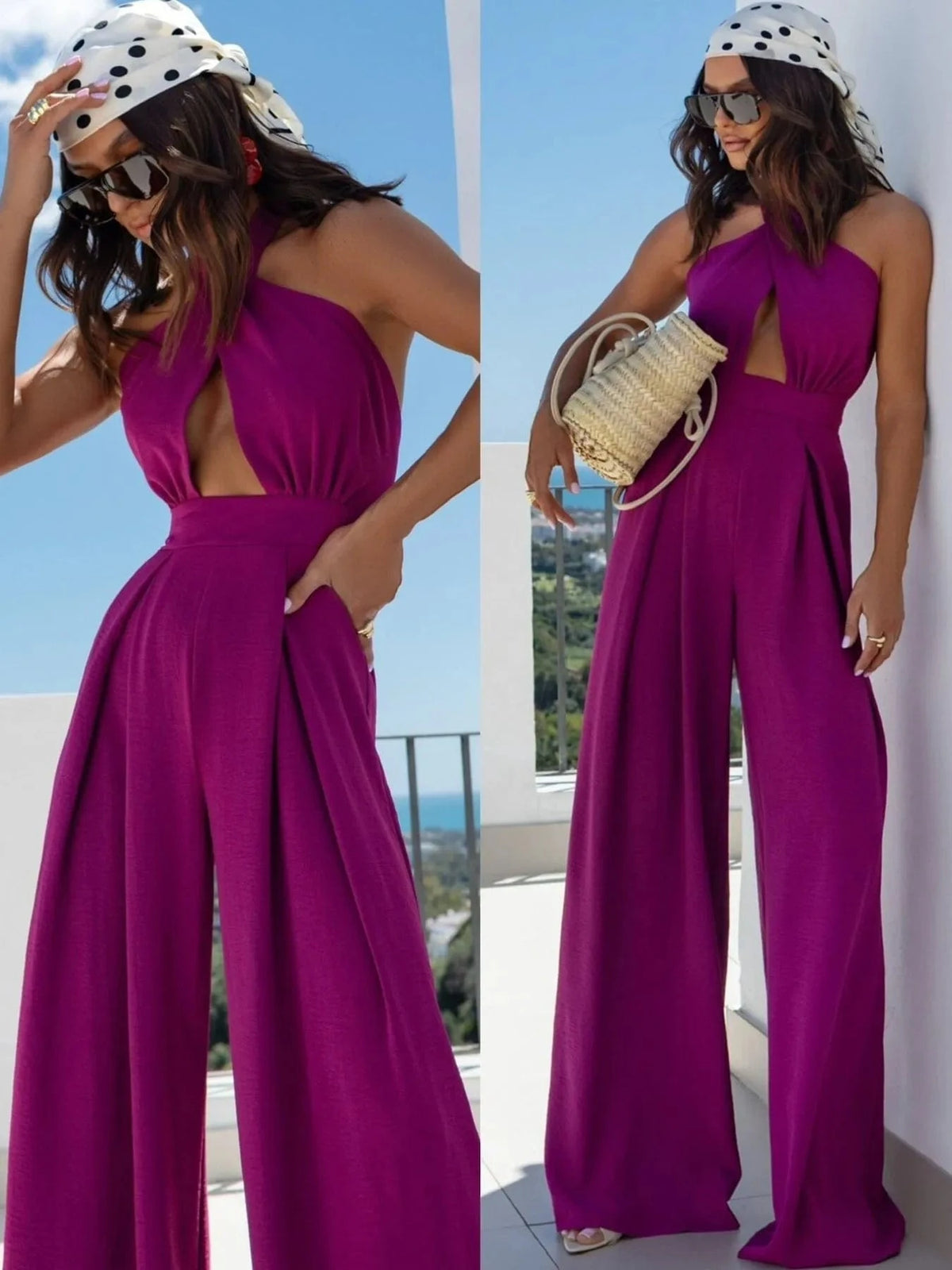 Trendsi Purple / S Wide Leg Cutout Halter Neck Jumpsuit