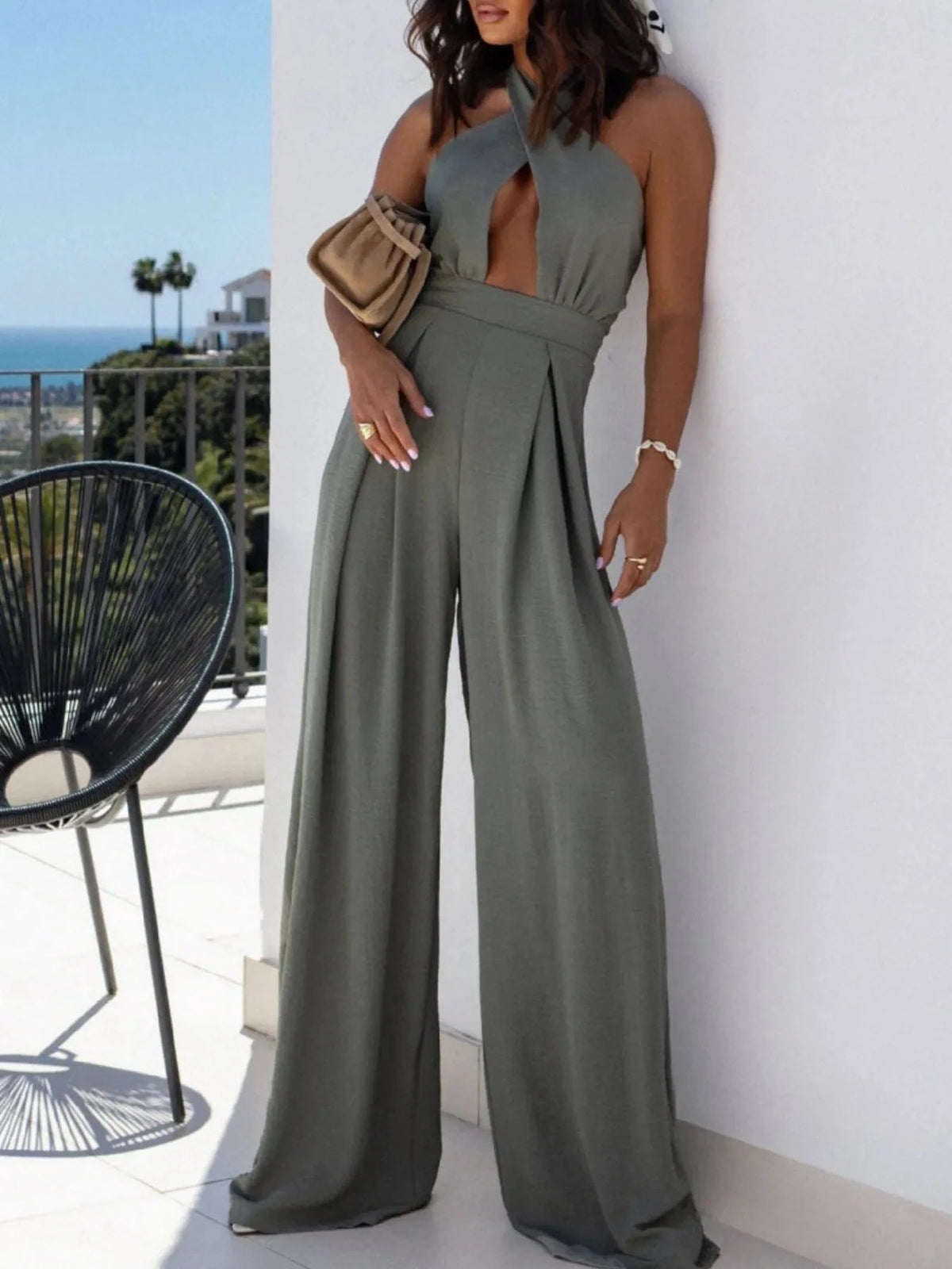 Trendsi Sage / S Wide Leg Cutout Halter Neck Jumpsuit