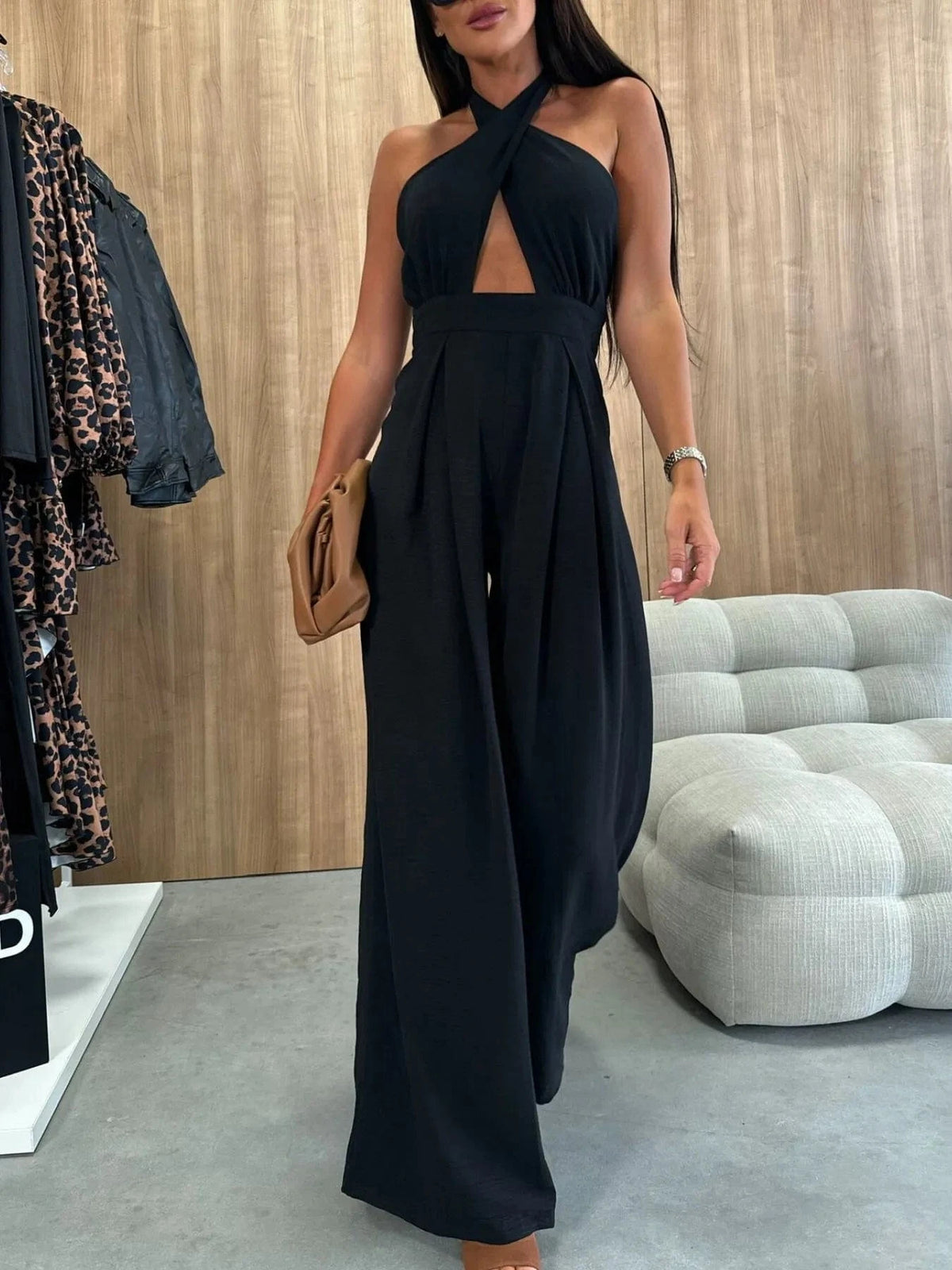 Trendsi Black / S Wide Leg Cutout Halter Neck Jumpsuit