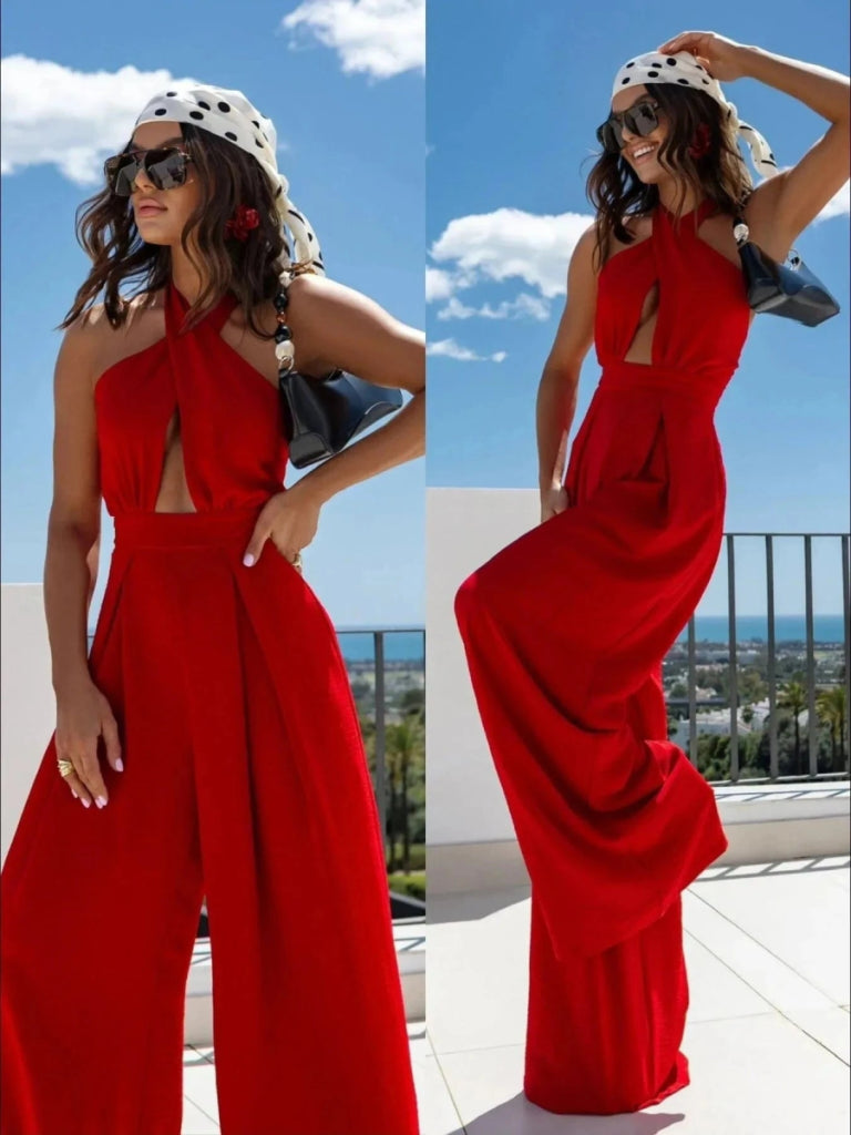 Wide Leg Cutout Halter Neck Jumpsuit - Red by Trendsi from FREYA’S CLOSET