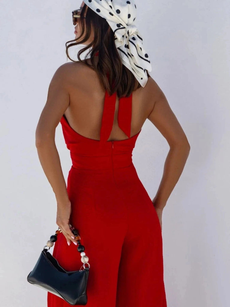 Wide Leg Cutout Halter Neck Jumpsuit - Red by Trendsi from FREYA’S CLOSET
