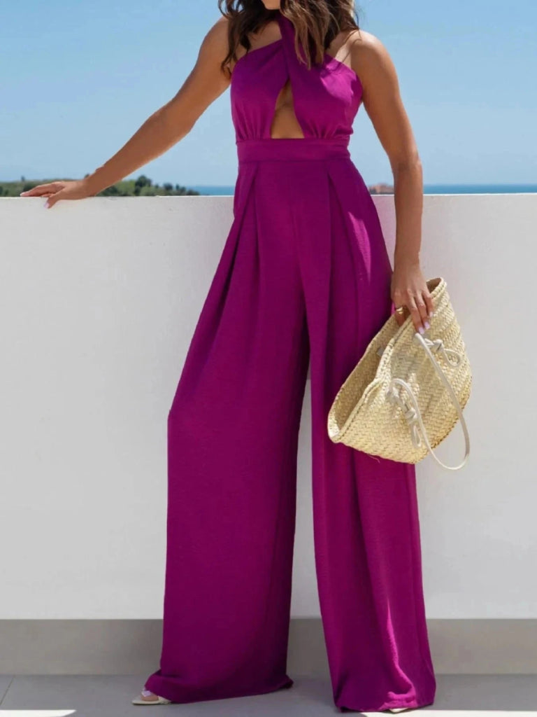 Wide Leg Cutout Halter Neck Jumpsuit - Purple by Trendsi from FREYA’S CLOSET