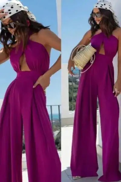 Wide Leg Cutout Halter Neck Jumpsuit - Purple by Trendsi from FREYA’S CLOSET