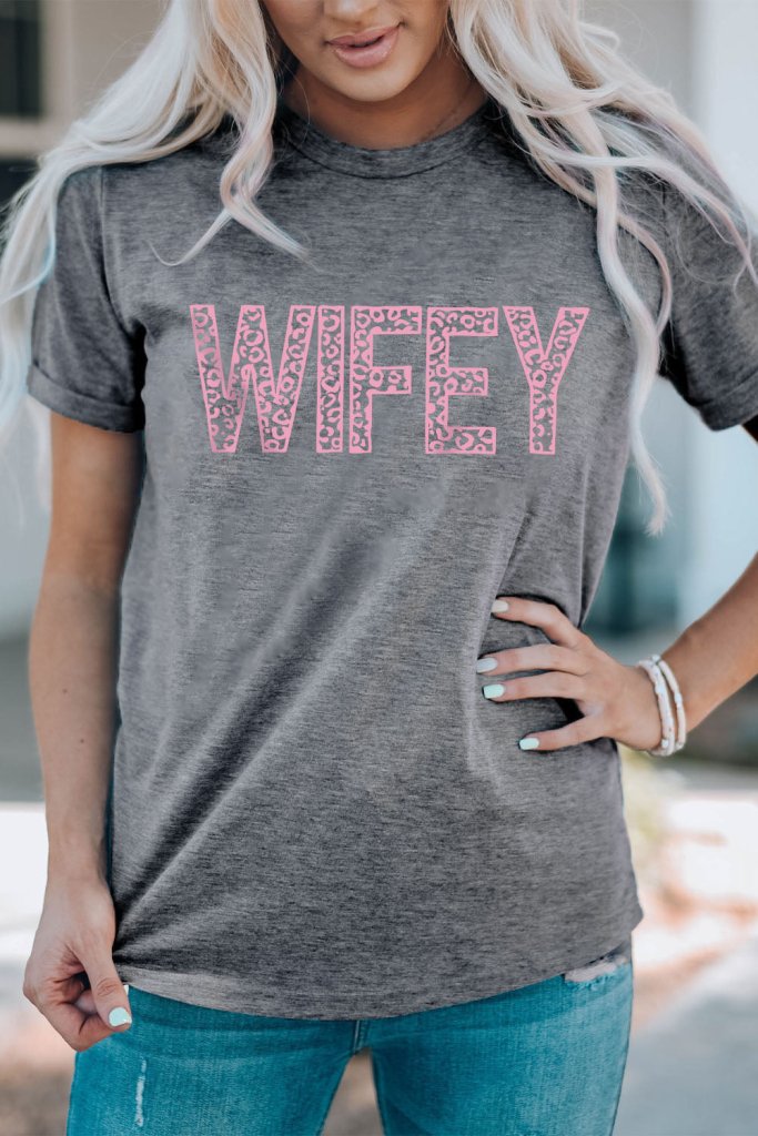 WIFEY Leopard Graphic Short Sleeve Tee - Mid Gray by Trendsi from FREYA’S CLOSET