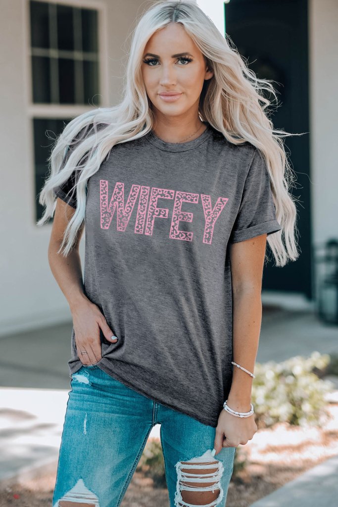 WIFEY Leopard Graphic Short Sleeve Tee - Mid Gray by Trendsi from FREYA’S CLOSET