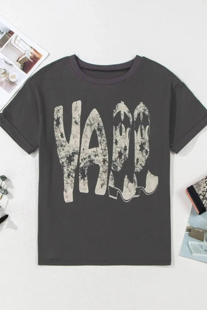 YALL Cowboy Boots Graphic Short Sleeve T-Shirt - Dark Gray by Trendsi from FREYA’S CLOSET