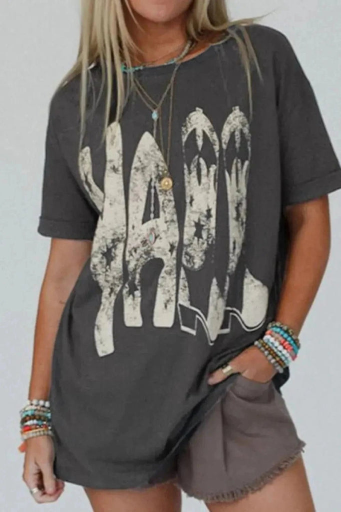 YALL Cowboy Boots Graphic Short Sleeve T-Shirt - Dark Gray by Trendsi from FREYA’S CLOSET