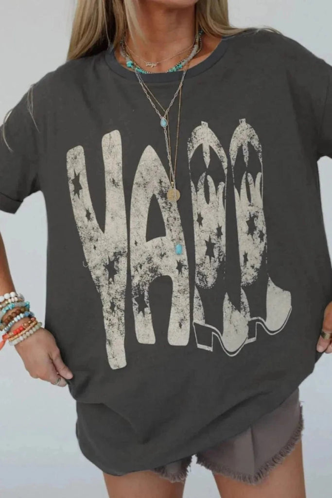 YALL Cowboy Boots Graphic Short Sleeve T-Shirt - Dark Gray by Trendsi from FREYA’S CLOSET