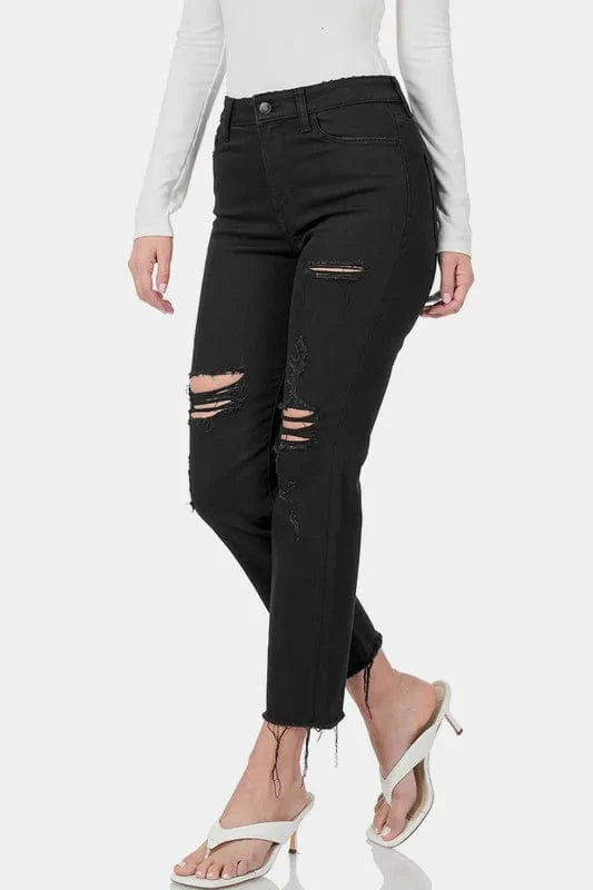 Trendsi Jeans Zenana Distressed Raw Hem Cropped Jeans