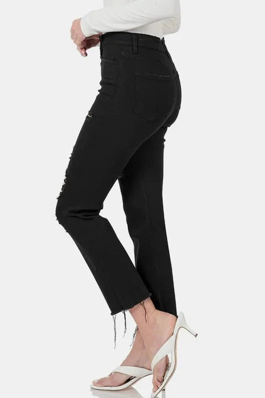 Trendsi Jeans Zenana Distressed Raw Hem Cropped Jeans