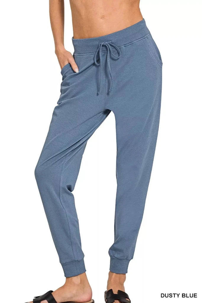 Zenana Drawstring Cotton Joggers with Pockets - DUSTY BLUE by Trendsi from FREYA’S CLOSET