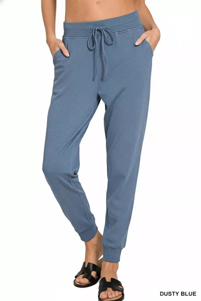 Zenana Drawstring Cotton Joggers with Pockets - DUSTY BLUE by Trendsi from FREYA’S CLOSET