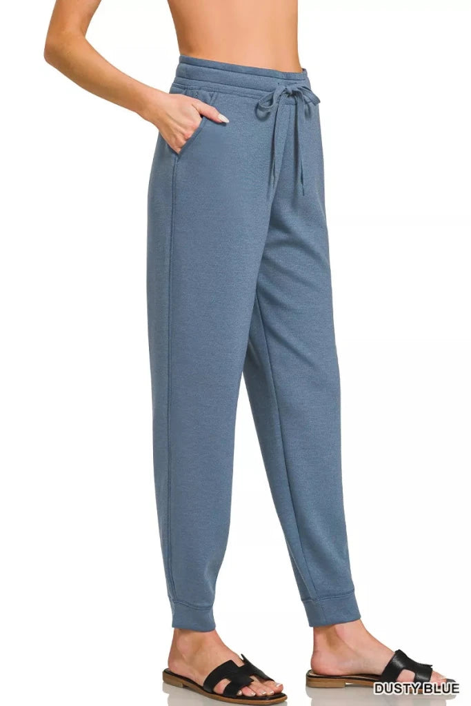 Zenana Drawstring Scuba Joggers with Pockets - DUSTY BLUE by Trendsi from FREYA’S CLOSET