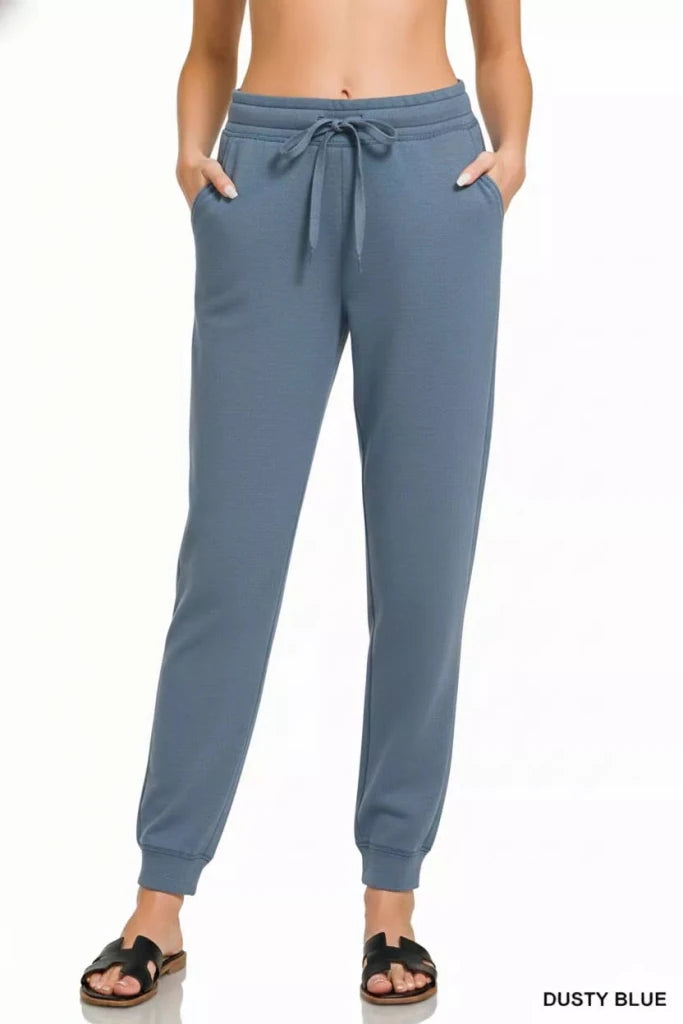 Zenana Drawstring Scuba Joggers with Pockets - DUSTY BLUE by Trendsi from FREYA’S CLOSET